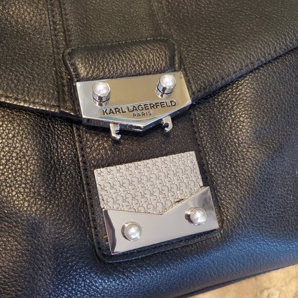 Karl Lagerfeld Black Handbag with Handle and Pearl Accents - Picture 4 of 7